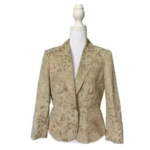 Anne Klein Holiday Blazer Tan with Metallic Gold Embroidery Floral Jacket Size 8